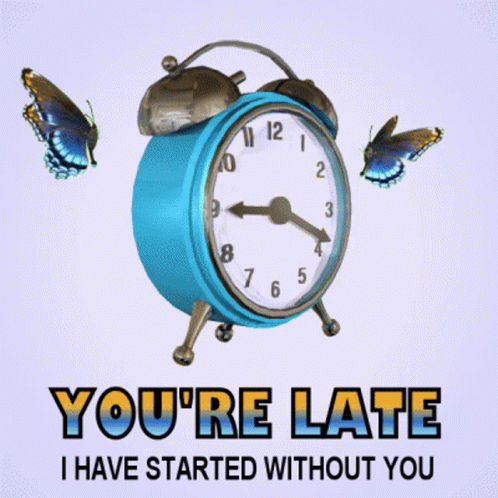 Blue Alarm Clock Two Butterflies You're Late