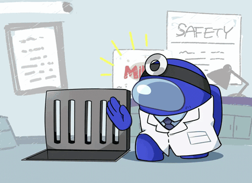 Blue Among Us Character In Front Of Safety Sign GIF
