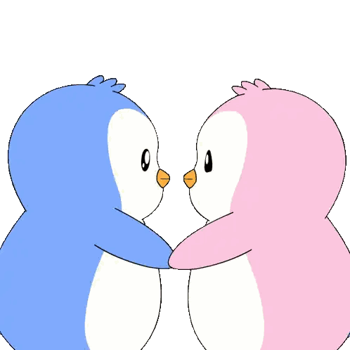 Blue and Pink Penguin Kissing