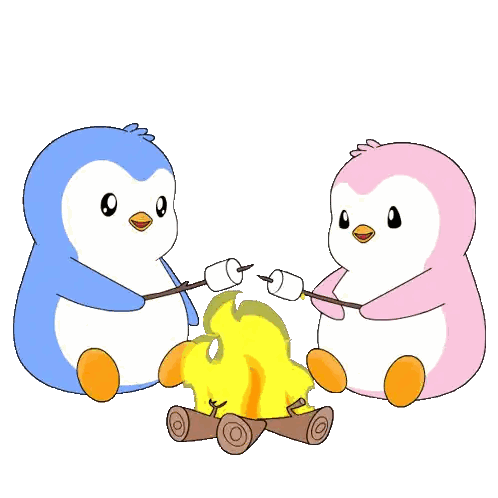 Blue and Pink Penguin Roasting Marshmallows