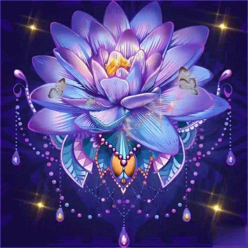 Blue And Purple Flower With Butterflies GIF