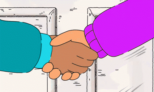 Blue And Purple Sleeves Interracial Shaking Hands GIF