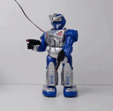 Blue and Silver Robot Holding Remote Control and Gun