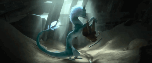 Blue and White Dragon Standing Next to Person in Cave