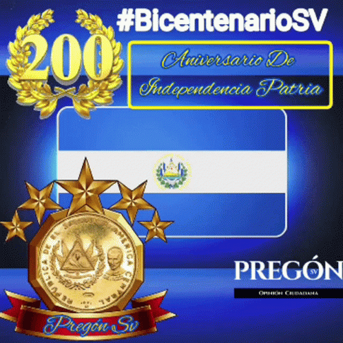 Blue and White Flag With Gold Coin Saying Pregon Sv