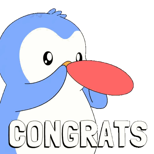 Blue and White Penguin Blowing Red Balloon Congrats
