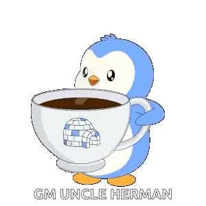 Blue and White Penguin Holding Coffee Cup With Igloo