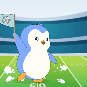 Blue and White Penguin Holding Flag With Igloo