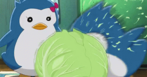 Blue and White Penguin Holding Green Cabbage