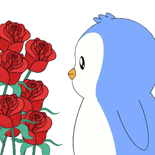 Blue and White Penguin Smelling Red Roses