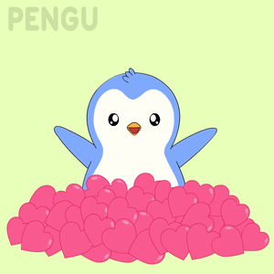 Blue and White Penguin Surrounded by Pink Hearts Saying Pengu