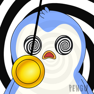 Blue And White Penguin With Hypnotic Eyes Holding Gold Coin GIF
