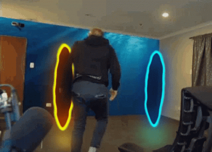 Blue And Yellow Portals Confused Man Can't Choose GIF