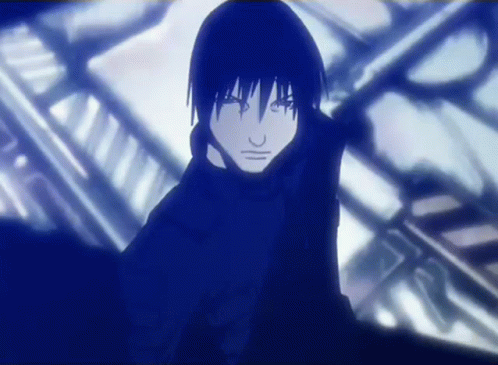 Blue Anime Character Standing in Front of Building With Clock