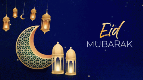Blue Background Crescent Moon Lanterns Eid Mubarak