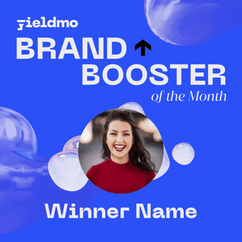 Blue Background With Woman Saying Brand Booster of the Month