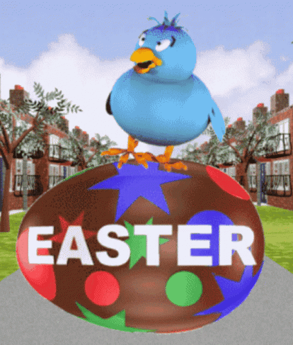 Blue Bird Standing On Large Easter Egg GIF