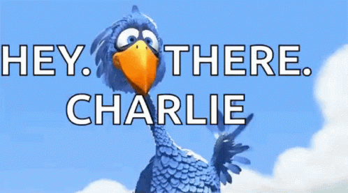 Blue Bird With Orange Beak in Front of Sign Saying Hey There Charlie