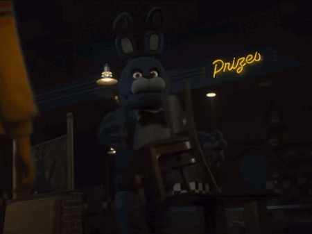 Blue Bunny in Front of Neon Sign Saying Prizes