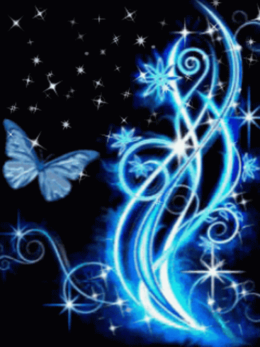 Blue Butterfly Flying Over Blue and Black Design