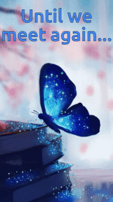 Blue Butterfly on Books Saying Until We Meet Again