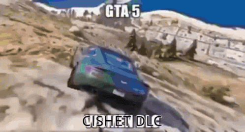 Blue Car Driving Down Hill in Video Game