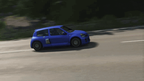 Blue Car Driving Down Road With Trees GIF