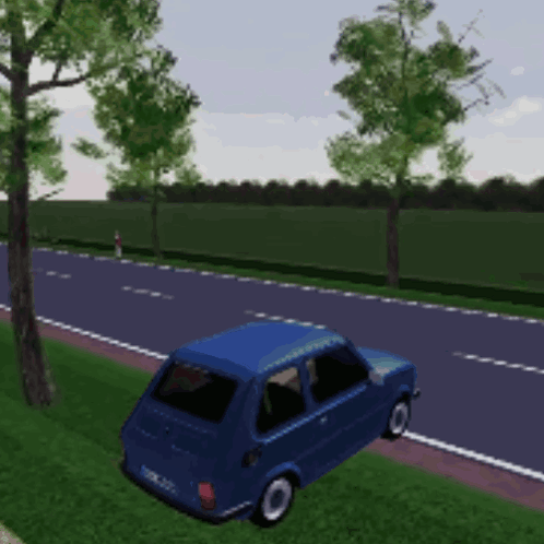 Blue Car Driving On Road With Trees GIF