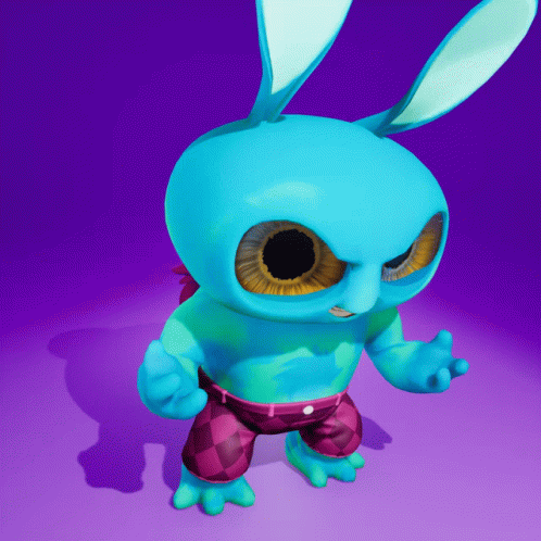 Blue Cartoon Bunny With Big Eyes and Purple Background