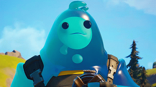 Blue Cartoon Character Holding Gun and Sword