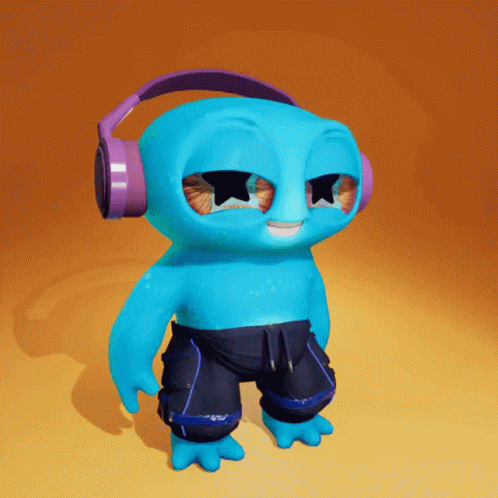 Blue Cartoon Character in Headphones and Black Pants