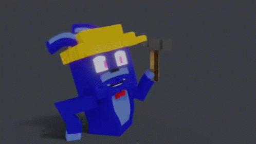 Blue Cartoon Character in Yellow Hat Holding Hammer
