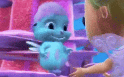 Blue Cartoon Character Next To Barbie Doll GIF