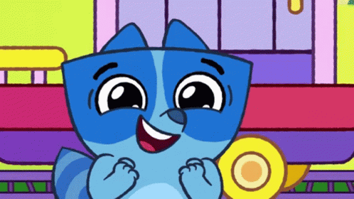 Blue Cartoon Character Smiling Holding Yellow Circle GIF
