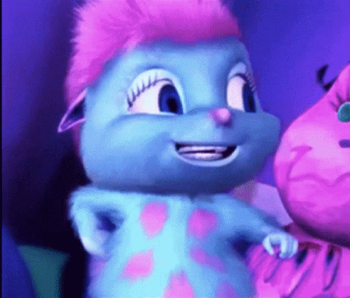Blue Cartoon Character Smiling Next To Pink Monster GIF