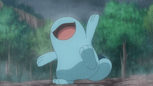 Blue Cartoon Character Standing in Rain