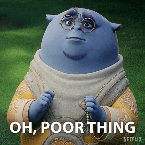 Blue Cartoon Character With Glasses Saying Oh Poor Thing GIF
