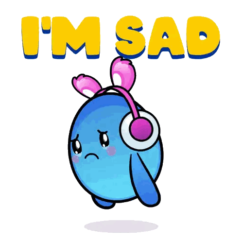 Blue Cartoon Character with Headphones Saying Im Sad