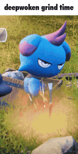 Blue Cartoon Character With Purple Horns Deepwoken Grind Time