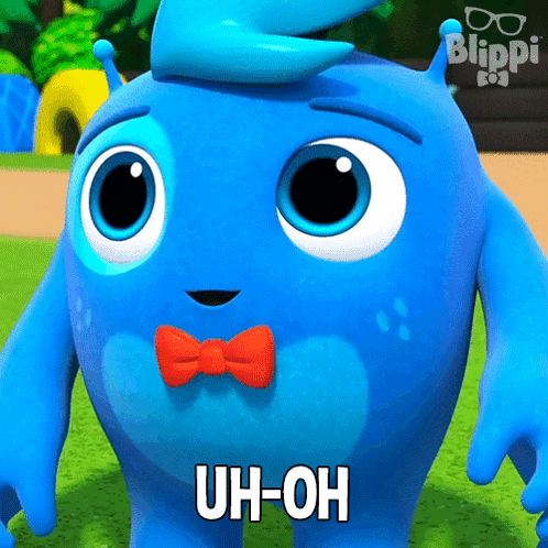 Blue Cartoon Character with Red Bow Tie Uh-Oh