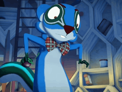 Blue Cartoon Squirrel with Bow Tie and Magnifying Glass