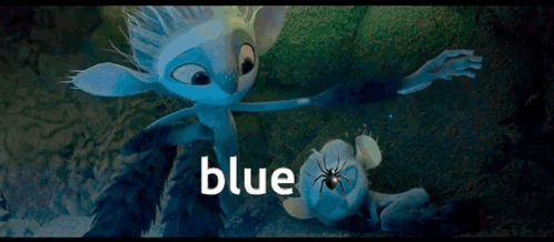 Blue Cartoon Standing Next To Spider With Blue Text GIF