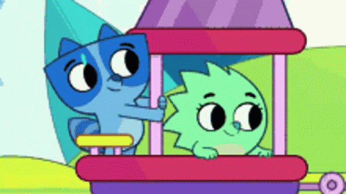 Blue Cat and Green Hedgehog in Pink House