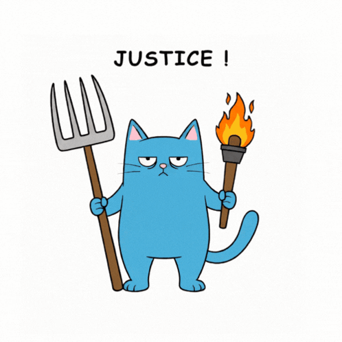 Blue Cat Holding Pitchfork and Torch Justice