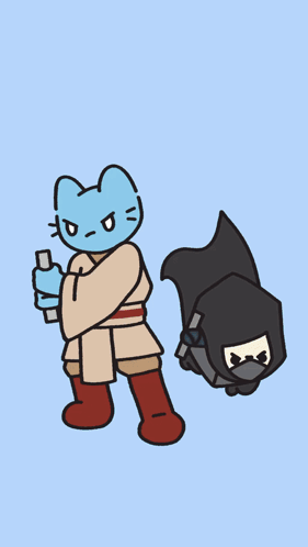 Blue Cat Holding Sword Next to Black Cat