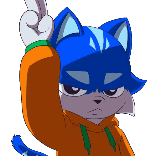 Blue Cat in Orange Hoodie Giving Peace Sign