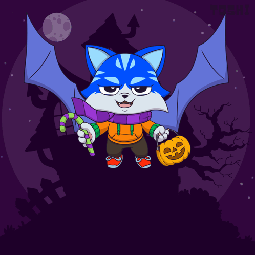 Blue Cat With Bat Wings Holding Pumpkin And Candy GIF