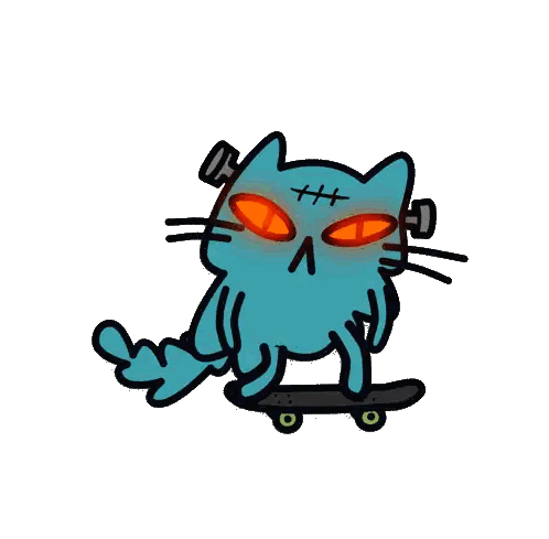 Blue Cat With Red Eyes Riding Black Skateboard