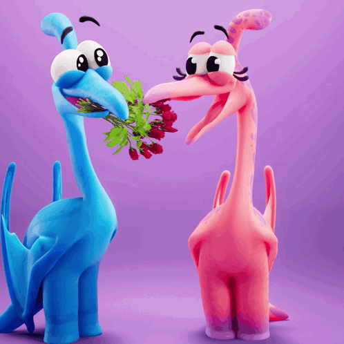 Blue Dinosaur Giving Pink Dinosaur Flowers
