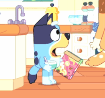 Blue Dog Holding Cereal and Milk
